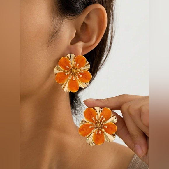 European Jewelry - Boho Orange Flower Earrings Gold Double Layer 18K Gold Plated